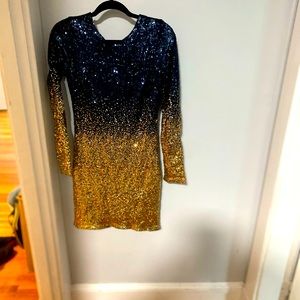 Dark navy/black and gold sequin dress with open back perfect for summer nightout